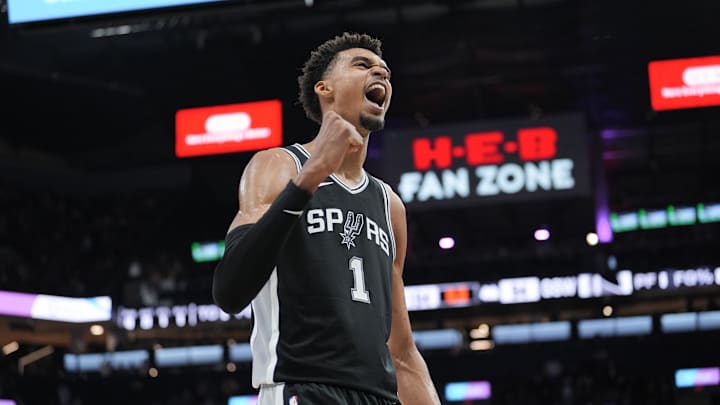 Nov 23, 2024; San Antonio, Texas, USA; San Antonio Spurs center Victor Wembanyama (1) celebrates in the second half against the Golden State Warriors at Frost Bank Center. Mandatory Credit: Daniel Dunn-Imagn Images Nov 23, 2024; San Antonio, Texas, USA; San Antonio Spurs center Victor Wembanyama (1) celebrates in the second half against the Golden State Warriors at Frost Bank Center. Mandatory Credit: Daniel Dunn-Imagn Images