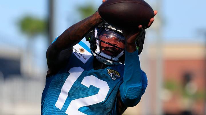 Jacksonville Jaguars wide receiver/cornerback Travis Hunter (12) catches a pass during Day 11 of NFL training camp at the Miller Electric Center on Tuesday, Aug. 11, 2026, in Jacksonville, Fla.