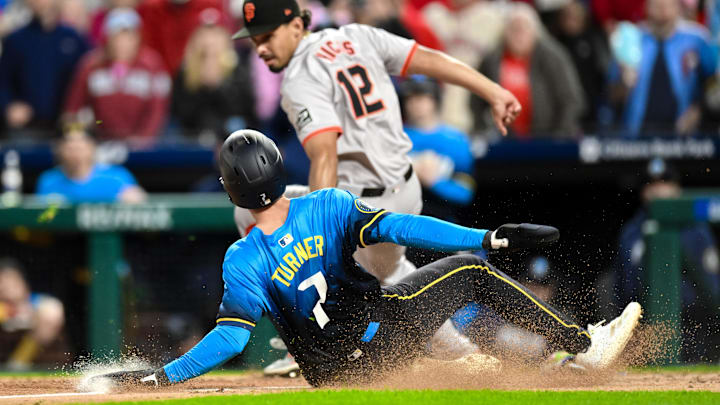 May 3, 2024; Philadelphia, Pennsylvania, USA; Philadelphia Phillies shortstop Trea Turner (7) scores aggressively from second base.