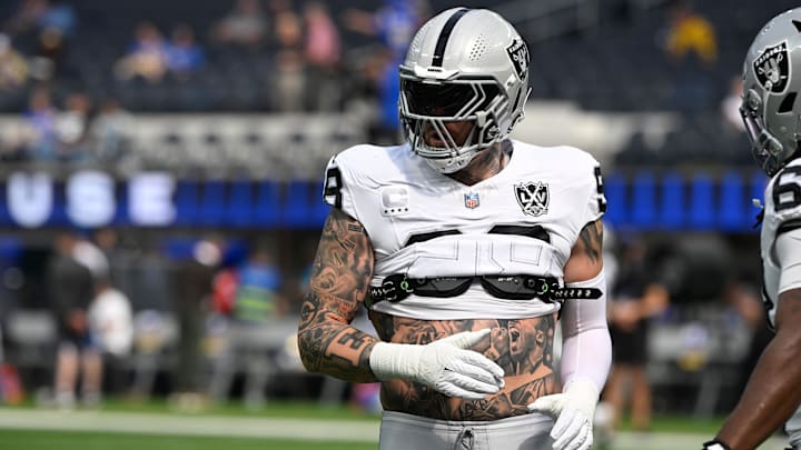 Oct 20, 2024; Inglewood, California, USA; Las Vegas Raiders defensive end Maxx Crosby (98) during pregame warmups before an NFL game against the Los Angeles Rams at SoFi Stadium. Mandatory Credit: Robert Hanashiro-Imagn Images