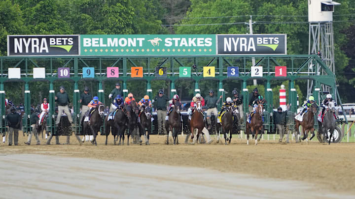 Jun 8, 2024; Saratoga Springs, NY, USA; A general view of the start of the Belmont Stake at Saratoga Race Course. Jun 8, 2024; Saratoga Springs, NY, USA; A general view of the start of the Belmont Stake at Saratoga Race Course.