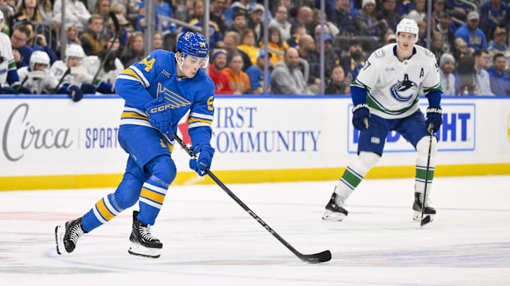 Oct 30, 2025; St. Louis, Missouri, USA; St. Louis Blues right wing Dalibor Dvorsky (54) controls the puck against the Vancouver Canucks during the third period at Enterprise Center. Mandatory Credit: Jeff Curry-Imagn Images