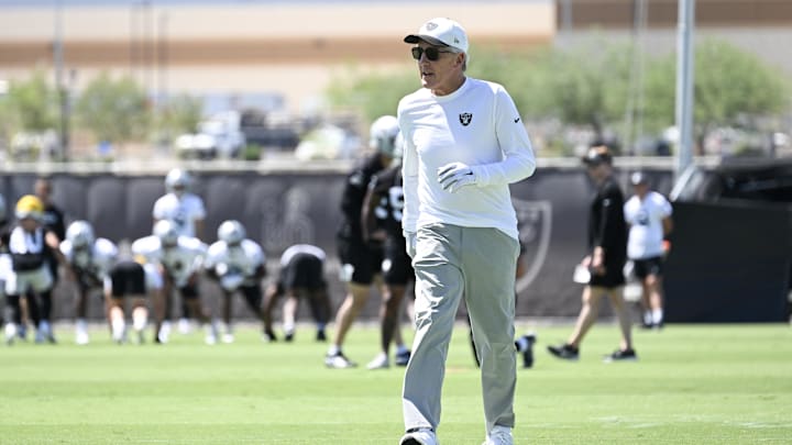 Jun 11, 2025; Henderson, NV, USA; Las Vegas Raiders head coach Pete Carroll runs down the field during Las Vegas Raiders Minicamp at Intermountain Health Performance Center. Mandatory Credit: Candice Ward-Imagn Images
