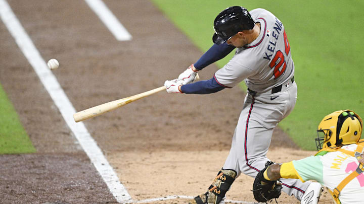 Atlanta Braves left fielder Jarred Kelenic hits a solo home run during a game against the San Diego Padres on March 28 at Petco Park. Atlanta Braves left fielder Jarred Kelenic hits a solo home run during a game against the San Diego Padres on March 28 at Petco Park.