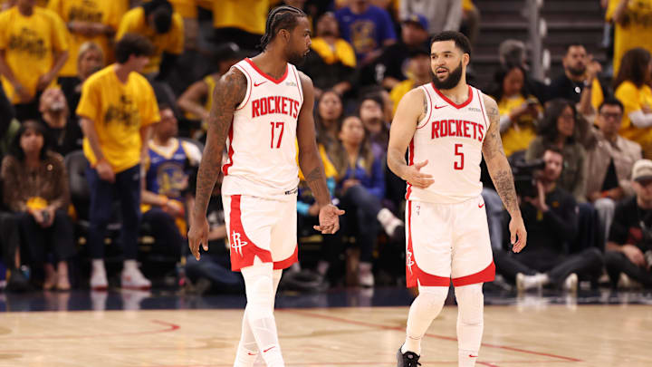 Apr 28, 2025; San Francisco, California, USA; Houston Rockets forward Tari Eason (17) and guard Fred VanVleet (5) between plays against the Golden State Warriors during the second quarter of game four of the 2025 NBA Playoffs first round at Chase Center. Mandatory Credit: Kelley L Cox-Imagn Images
