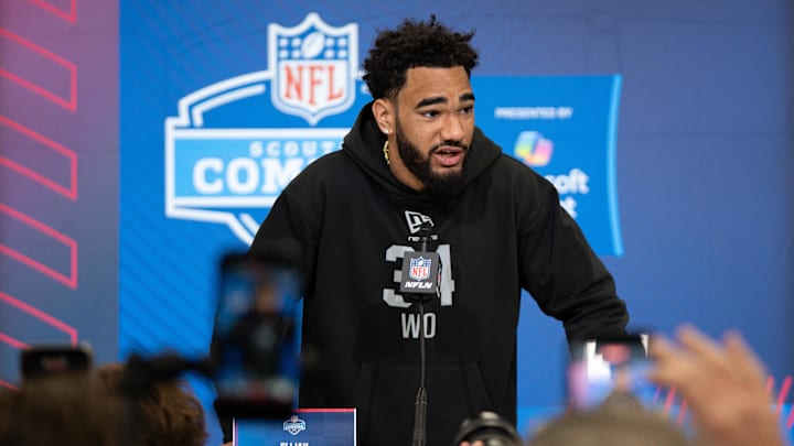 Feb 27, 2026; Indianapolis, IN, USA; Indiana wideout Elijah Sarratt (WO34) speaks to members of the media during the NFL Combine at the Indiana Convention Center. Mandatory Credit: Jacob Musselman-Imagn Images