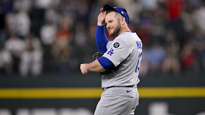 Apr 20, 2025; Arlington, Texas, USA; Los Angeles Dodgers third baseman Max Muncy (13) after the game between the Texas Rangers and the Los Angeles Dodgers at Globe Life Field. Mandatory Credit: Jerome Miron-Imagn Images