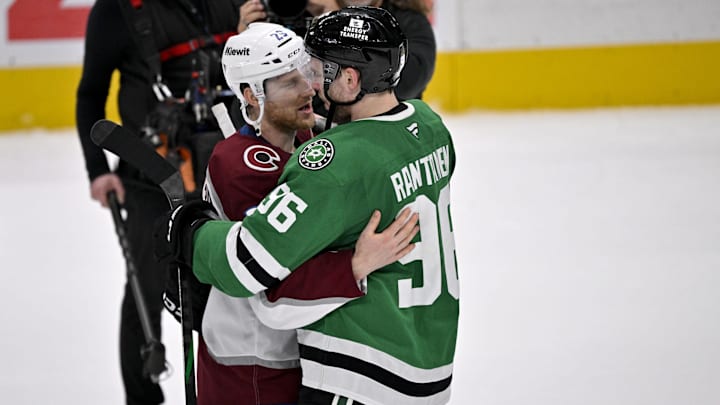 May 3, 2025; Dallas, Texas, USA; Colorado Avalanche center Nathan MacKinnon (29) hugs Dallas Stars right wing Mikko Rantanen (96) after the Stars defeats the Avalanche in game seven of the first round of the 2025 Stanley Cup Playoffs at American Airlines Center. Mandatory Credit: Jerome Miron-Imagn Images May 3, 2025; Dallas, Texas, USA; Colorado Avalanche center Nathan MacKinnon (29) hugs Dallas Stars right wing Mikko Rantanen (96) after the Stars defeats the Avalanche in game seven of the first round of the 2025 Stanley Cup Playoffs at American Airlines Center. Mandatory Credit: Jerome Miron-Imagn Images