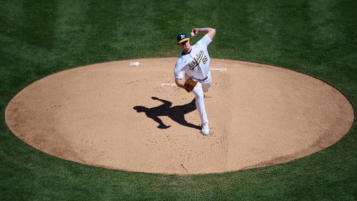 Sep 7, 2024; Oakland, California, USA; Oakland Athletics pitcher starting Brady Basso (66) throws a pitch against the Detroit Tigers during the first inning at Oakland-Alameda County Coliseum. Mandatory Credit: Robert Edwards-Imagn Images