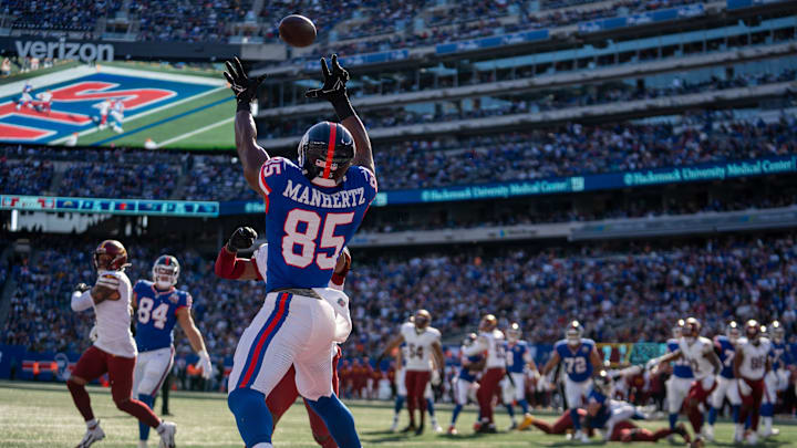 New York Giants tight end Chris Manhertz (85) catches a pass for a touchdown in the second quarter during a game between the New York Giants and the Washington Commanders at MetLife Stadium in East Rutherford on Sunday, Nov. 3, 2024. New York Giants tight end Chris Manhertz (85) catches a pass for a touchdown in the second quarter during a game between the New York Giants and the Washington Commanders at MetLife Stadium in East Rutherford on Sunday, Nov. 3, 2024.