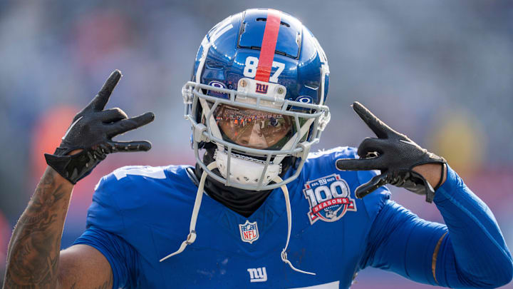 New York Giants wide receiver Ihmir Smith-Marsette (87) gestures while warming up during a game between New York Giants and Indianapolis Colts at MetLife Stadium on Sunday, Dec. 29, 2024. New York Giants wide receiver Ihmir Smith-Marsette (87) gestures while warming up during a game between New York Giants and Indianapolis Colts at MetLife Stadium on Sunday, Dec. 29, 2024.
