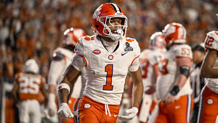 Dec 21, 2024; Austin, Texas, USA; Clemson Tigers wide receiver T.J. Moore (1) in action during the game between the Texas Longhorns and the Clemson Tigers in the CFP National Playoff First Round at Darrell K Royal-Texas Memorial Stadium. Mandatory Credit: Jerome Miron-Imagn Images