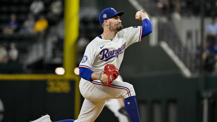 Jun 8, 2024; Arlington, Texas, USA; Texas Rangers starting pitcher Andrew Heaney (44) pitches against the San Francisco Giants during the first inning at Globe Life Field. 
