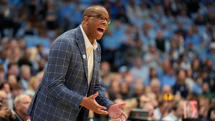 Dec 14, 2024; Chapel Hill, North Carolina, USA; North Carolina Tar Heels head coach Hubert Davis reacts in the second half at Dean E. Smith Center. Mandatory Credit: Bob Donnan-Imagn Images