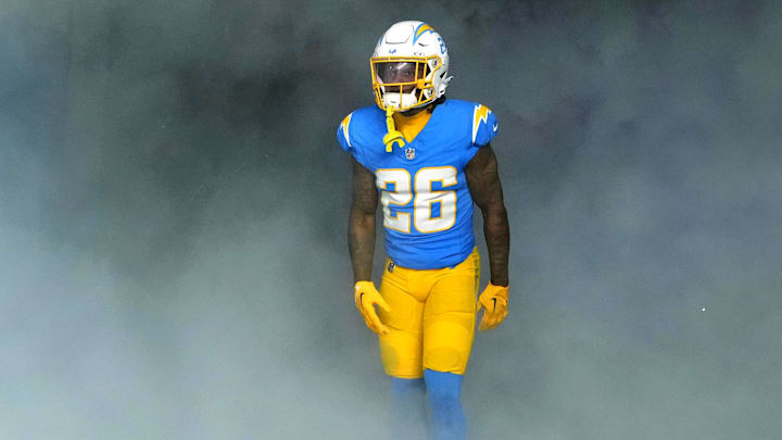 Dec 23, 2023; Inglewood, California, USA; Los Angeles Chargers cornerback Asante Samuel Jr. (26)  enters the field before the game against the Buffalo Bills at SoFi Stadium. Mandatory Credit: Kirby Lee-Imagn Images