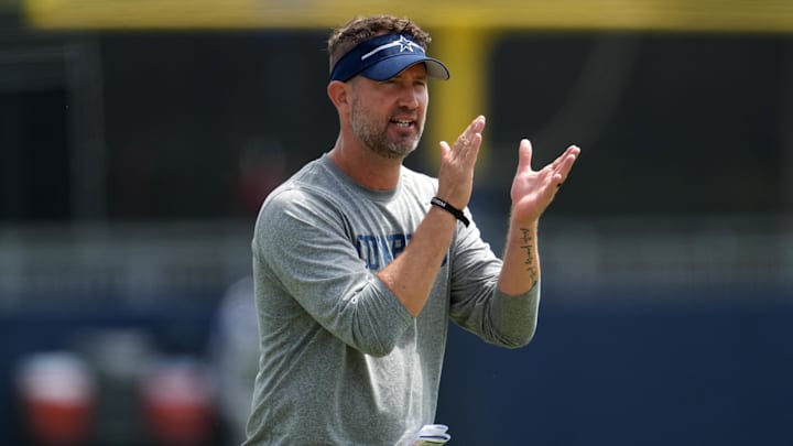 Dallas Cowboys offensive coordinator Brian Schottenheimer during training camp. Mandatory Credit: Kirby Lee-Imagn Images