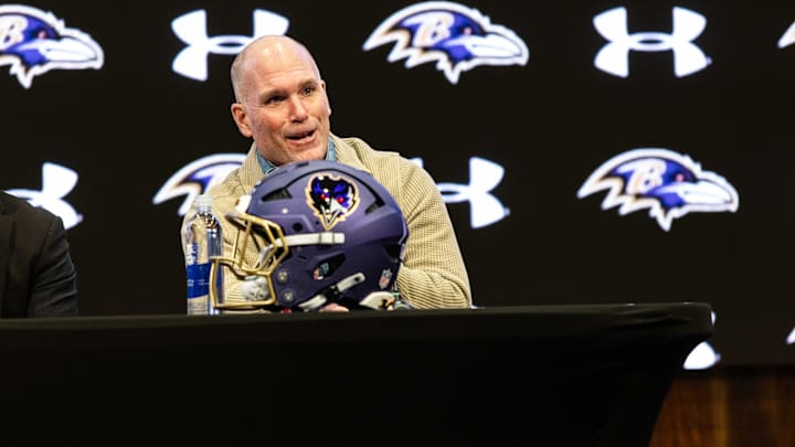 Jan 29, 2026; Owings Mills, MD, USA; Eric DeCosta at press conference discussing future of Baltimore Ravens at Under Armour Performance Center. Mandatory Credit: Lexi Thompson-Imagn Images