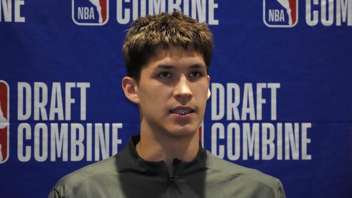 May 14, 2025; Chicago, Il, USA; Egor Demin talks to the media during the 2025 NBA Draft Combine at Marriott Marquis Chicago. Mandatory Credit: David Banks-Imagn Images
