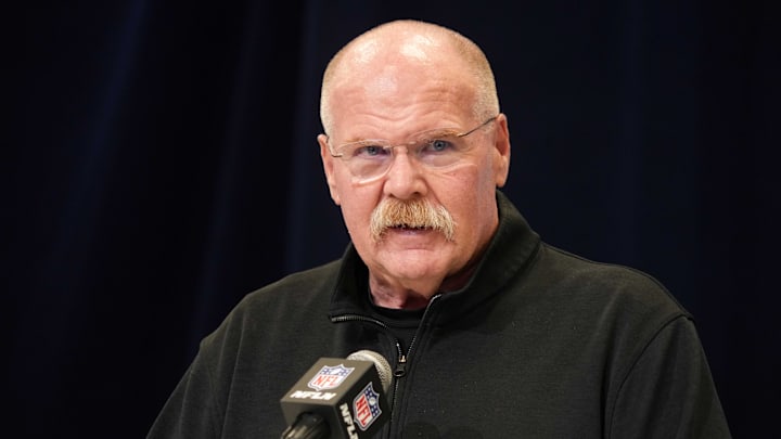 Feb 25, 2025; Indianapolis, IN, USA; Kansas City Chiefs oach Andy Reid speaks during the NFL Scouting Combine at the Indiana Convention Center. Mandatory Credit: Kirby Lee-Imagn Images