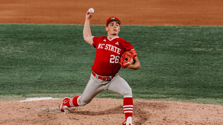 Freshman right-handed pitcher Mikey Ragusa throws a pitch during his collegiate debut against East Carolina at Clark-LeClair Stadium on April 14, 2026. 
