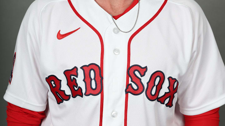 Feb 17, 2026; Lee County, FL, USA;  Boston Red Sox outfielder Braiden Ward (92) poses for a photo during media day at JetBlue Park. Mandatory Credit: Kim Klement Neitzel-Imagn Images