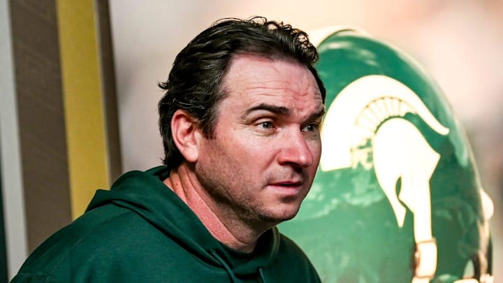 Michigan State coach Jonathan Smith takes the podium before talking to the media on the first national signing day for college football recruits Wednesday, Dec. 20, 2023, at Spartan Stadium in East Lansing.