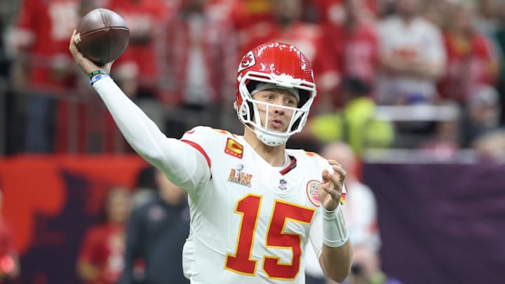 Feb 9, 2025; New Orleans, LA, USA; Kansas City Chiefs quarterback Patrick Mahomes (15) throws a pass against the Philadelphia Eagles in Super Bowl LIX at Ceasars Superdome. Mandatory Credit: Mark J. Rebilas-Imagn Images