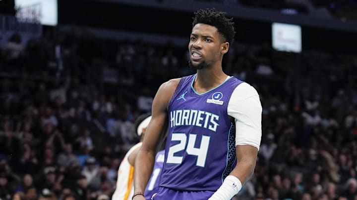 Charlotte Hornets forward Brandon Miller (24) reacts to his slam dunk