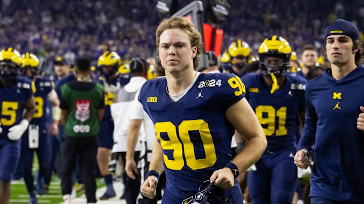 Jan 8, 2024; Houston, TX, USA; Michigan Wolverines kicker Hudson Hollenbeck (90) against the Washington Huskies during the 2024 College Football Playoff national championship game at NRG Stadium. Mandatory Credit: Mark J. Rebilas-Imagn Images Jan 8, 2024; Houston, TX, USA; Michigan Wolverines kicker Hudson Hollenbeck (90) against the Washington Huskies during the 2024 College Football Playoff national championship game at NRG Stadium. Mandatory Credit: Mark J. Rebilas-Imagn Images