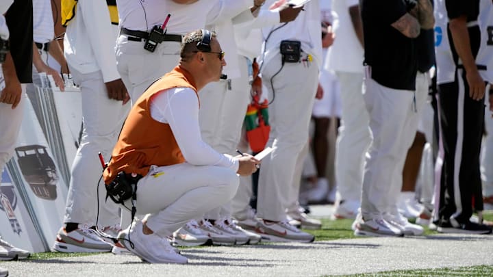 Aug 30, 2025; Columbus, Ohio, USA; Texas Longhorns head coach Steve Sarkisian watches his team against Ohio State Buckeyes during the first quarter at Ohio Stadium. Mandatory Credit: Kyle Robertson - Imagn Images
