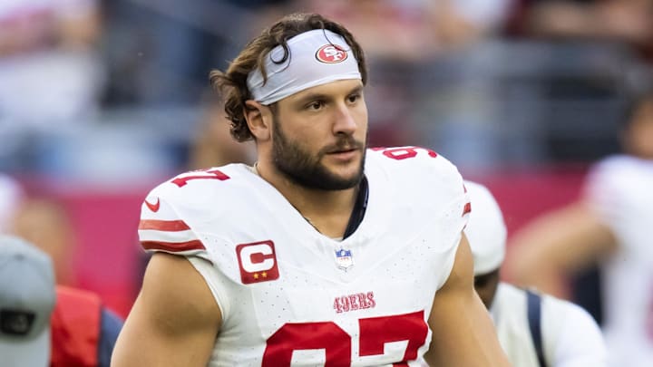 Jan 5, 2025; Glendale, Arizona, USA; San Francisco 49ers defensive end Nick Bosa (97) against the Arizona Cardinals at State Farm Stadium. Mandatory Credit: Mark J. Rebilas-Imagn Images