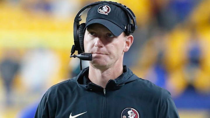 Nov 4, 2023; Pittsburgh, Pennsylvania, USA; Florida State Seminoles senior offensive analyst of quarterbacks Austin Tucker looks on against the Pittsburgh Panthers during the fourth quarter at Acrisure Stadium. Mandatory Credit: Charles LeClaire-Imagn Images Nov 4, 2023; Pittsburgh, Pennsylvania, USA; Florida State Seminoles senior offensive analyst of quarterbacks Austin Tucker looks on against the Pittsburgh Panthers during the fourth quarter at Acrisure Stadium. Mandatory Credit: Charles LeClaire-Imagn Images