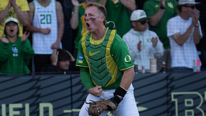 Oregon catcher Burke-Lee Mabeus celebrates an out at the plate against Oregon State on day three at the NCAA Eugene Regional Tournament at PK Park in Eugene May 31, 2026.
