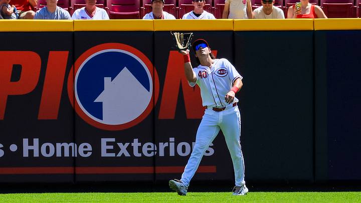 Aug 16, 2026; Cincinnati, Ohio, USA; Cincinnati Reds outfielder Michael Toglia (48) catches a fly out hit by Miami Marlins first baseman Leo Jimenez (not pictured) in the fourth inning at Great American Ball Park. Mandatory Credit: Katie Stratman-Imagn Images