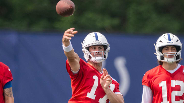 Jun 12, 2025; Indianapolis, IN, USA; Indianapolis Colts quarterback Daniel Jones (17) throws a pass during training camp at the Farm Bureau Football complex. Mandatory Credit: Marc Lebryk-Imagn Images