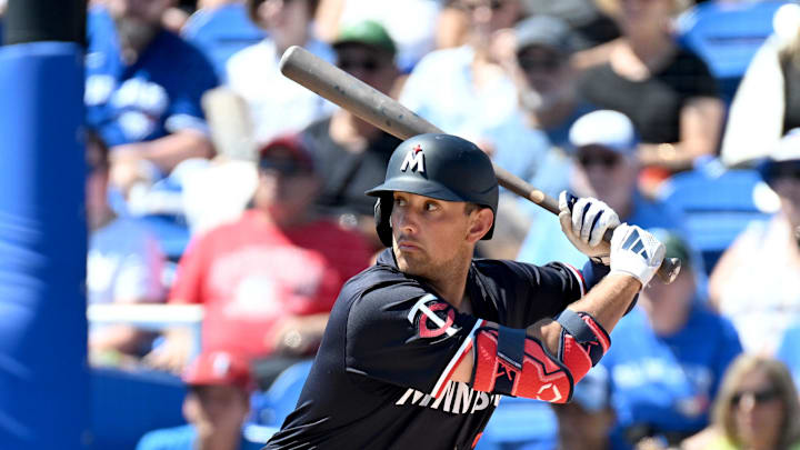 Mar 11, 2025; Dunedin, Florida, USA; Minnesota Twins third baseman Brooks Lee (2) bats in the first inning against the Toronto Blue Jays during spring training at TD Ballpark. Mandatory Credit: Jonathan Dyer-Imagn Images Mar 11, 2025; Dunedin, Florida, USA; Minnesota Twins third baseman Brooks Lee (2) bats in the first inning against the Toronto Blue Jays during spring training at TD Ballpark. Mandatory Credit: Jonathan Dyer-Imagn Images