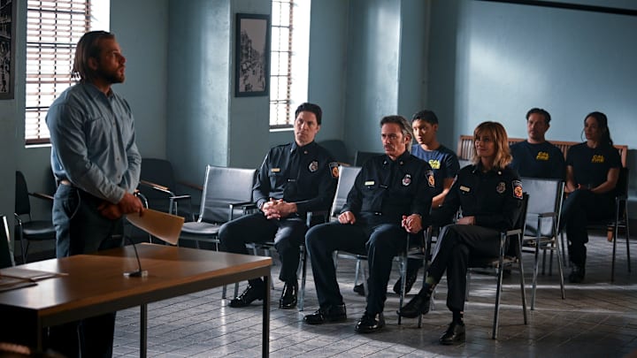 “I Know It Feels Impossible” – The station 42 and Three Rock crews face a daring rescue when a massive mudslide tears through Edgewater. Meanwhile, Bode’s freedom is on the line at his parole hearing, on the first season finale of FIRE COUNTRY, Friday, May 19 (9:00-10:00 PM, ET/PT) on the CBS Television Network, and available to stream live and on demand on Paramount+*. Pictured: Max Thieriot as Bode Donovan, Michael Trucco as Luke Leone, Billy Burke as Vince Leone, Jules Latimer as Eve Edwards,