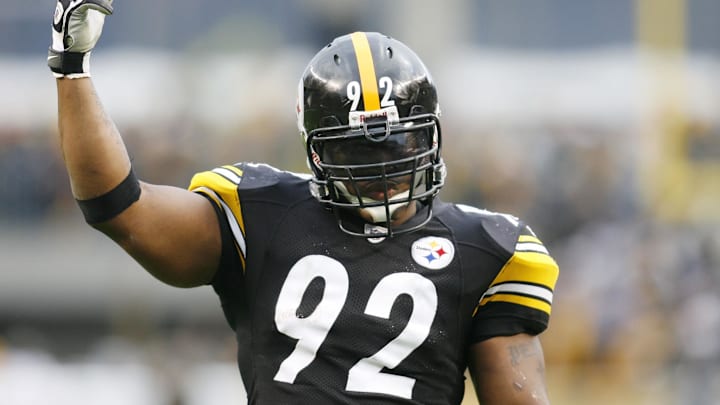 December 24, 2011; Pittsburgh,PA, USA: Pittsburgh Steelers linebacker James Harrison (92) calls for noise from the crowd against the St. Louis Rams during the fourth quarter at Heinz Field. The Steelers won 27-0. Mandatory Credit: Charles LeClaire-USPRESSWIRE