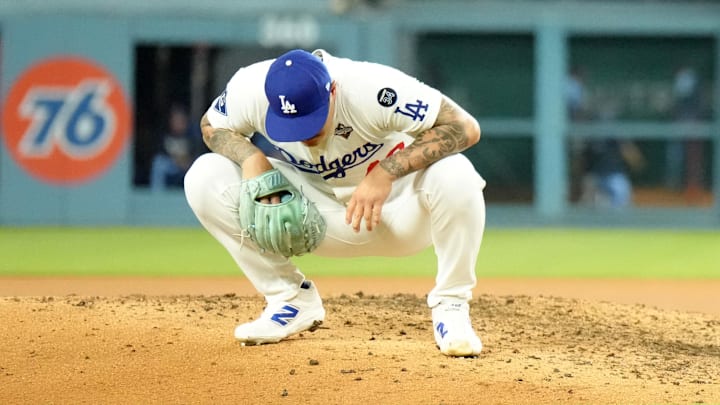 Oct 29, 2025; Los Angeles, California, USA; Los Angeles Dodgers relief pitcher Anthony Banda (43) reacts during game five of the 2025 MLB World Series against the Toronto Blue Jays at Dodger Stadium. Mandatory Credit: Kirby Lee-Imagn Images