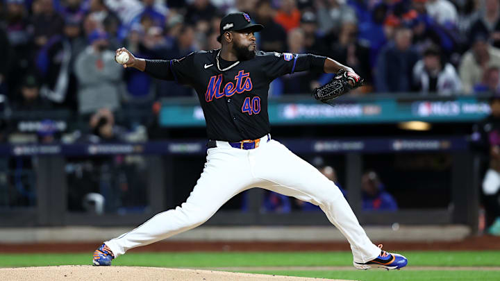 Oct 16, 2024; New York City, New York, USA; New York Mets pitcher Luis Severino (40) throws a pitch against the Los Angeles Dodgers in the first inning during game three of the NLCS for the 2024 MLB playoffs at Citi Field. Mandatory Credit: Wendell Cruz-Imagn Images