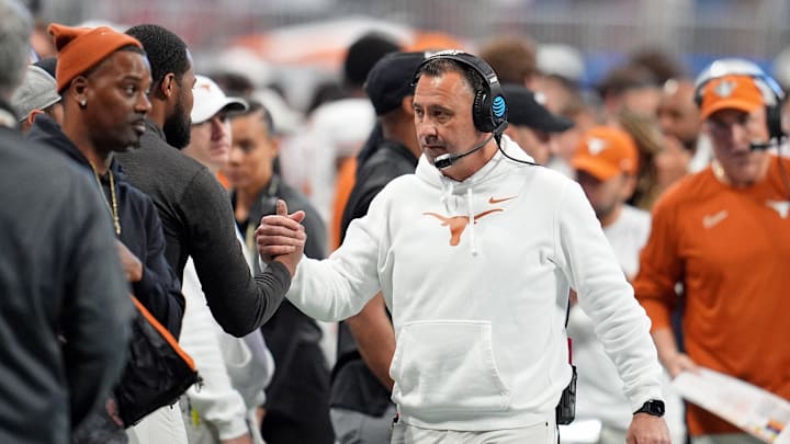 Jan 1, 2025; Atlanta, GA, USA; Texas Longhorns head coach Steve Sarkisian during the first half of the Peach Bowl at Mercedes-Benz Stadium. Mandatory Credit: Dale Zanine-Imagn Images