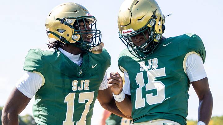 Tahj Gray (17), who has a UW offer, celebrates with St. Regional teammate Lamar Best (15) in New Jersey in 2024. Tahj Gray (17), who has a UW offer, celebrates with St. Regional teammate Lamar Best (15) in New Jersey in 2024.