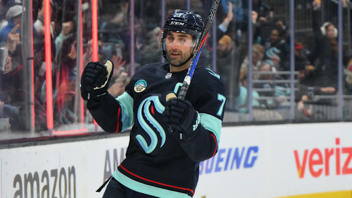 Dec 28, 2025; Seattle, Washington, USA; Seattle Kraken right wing Jordan Eberle (7) celebrates after scoring a goal against the Philadelphia Flyers during the second period at Climate Pledge Arena. Mandatory Credit: Steven Bisig-Imagn Images