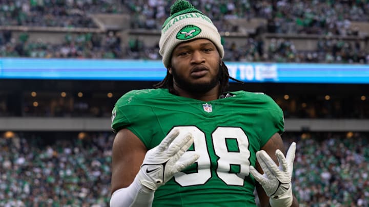 Dec 29, 2024; Philadelphia, Pennsylvania, USA; Philadelphia Eagles defensive tackle Jalen Carter (98) reacts on the sideline during the fourth quarter against the Dallas Cowboys at Lincoln Financial Field. Mandatory Credit: Bill Streicher-Imagn Images