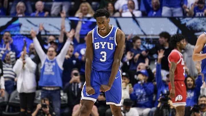 Jan 24, 2026; Provo, Utah, USA; BYU Cougars forward AJ Dybantsa (3) reacts during the second half against the Utah Utes at Marriott Center. Mandatory Credit: Aaron Baker-Imagn Images 