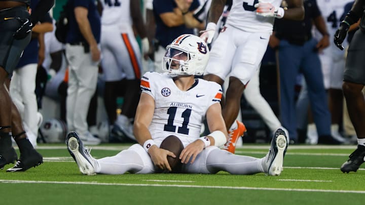 Aug 29, 2025; Waco, Texas, USA; Auburn Tigers quarterback Jackson Arnold (11) reacts after running the ball against the Baylor Bears during the first half at McLane Stadium. Mandatory Credit: Chris Jones-Imagn Images