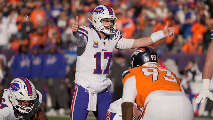 Buffalo Bills quarterback Josh Allen signals to the offensive line a play during first half action at Empower FIeld at Mile High in Denver, Colorado on Jan. 17, 2026.