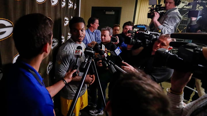 Green Bay Packers fifth-round draft pick Collin Oliver talks to reporters at the team's rookie camp after the draft.