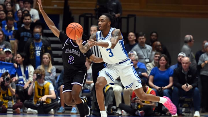 Nov 21, 2025; Durham, North Carolina, USA; Duke Blue Devils forward Isaiah Evans (3) throws a pass during the first half against the Niagara Purple Eagles at Cameron Indoor Stadium. Mandatory Credit: Rob Kinnan-Imagn Images
