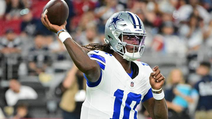 Aug 22, 2026; Glendale, Arizona, USA;  Dallas Cowboys quarterback Joe Milton III (10) throws a pass in the first half against the Arizona Cardinals at State Farm Stadium.  Mandatory Credit: Matt Kartozian-Imagn Images